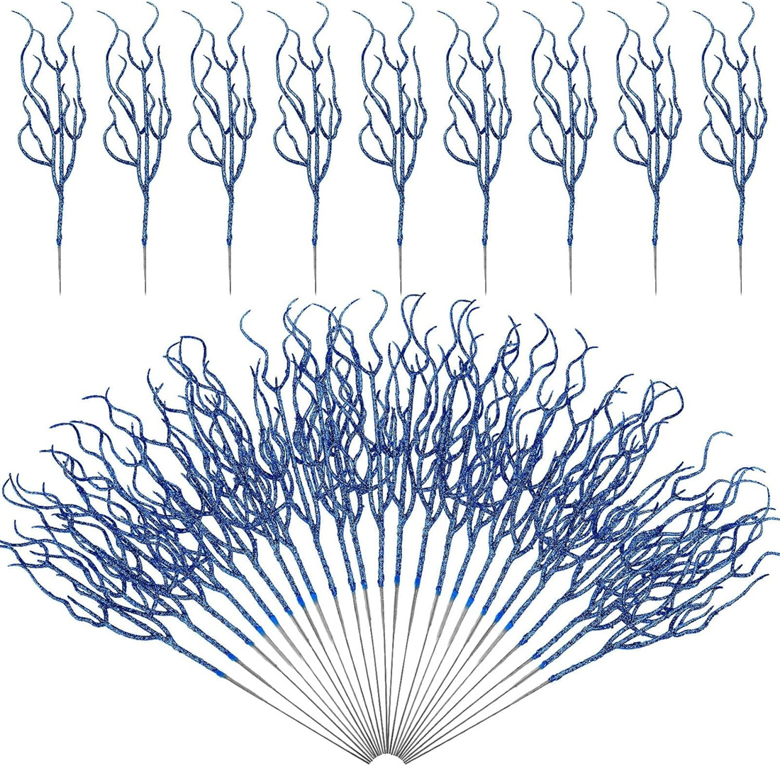 30 Pcs Glitter Christmas Leaves Picks,13 inch Curly Tall Tree Filler Branches,Artificial Leaf Spray Picks Christmas Tree,Flower Stems Picks for Xmas Wreath Wedding Table Centerpiece Decorations,Blue